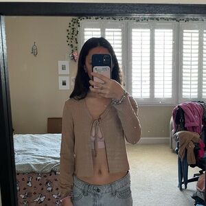 Tan Ribbed Tie-Front Cardigan